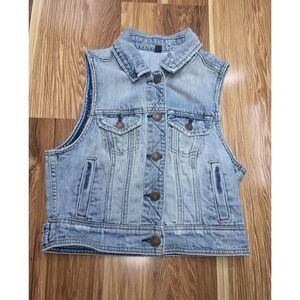 American Eagle Denim Vest Womens Small Jean Sleeveless Button Distressed Pockets
